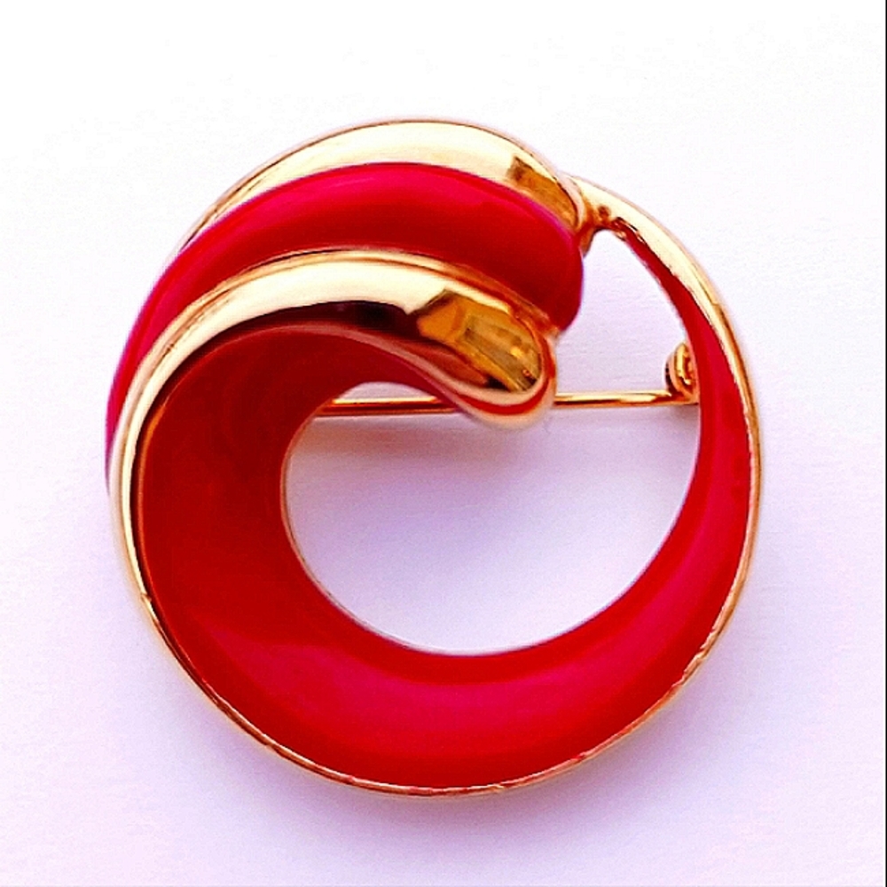 SIGNED ERWIN WAVE BROOCH P.E.P. Erwin Pearl red gold wave swirl vintage Pin